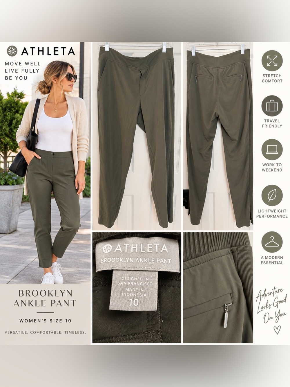 Athleta Brooklyn Ankle Pants Women’s Size 10 Olive Green Stretch Travel Work
